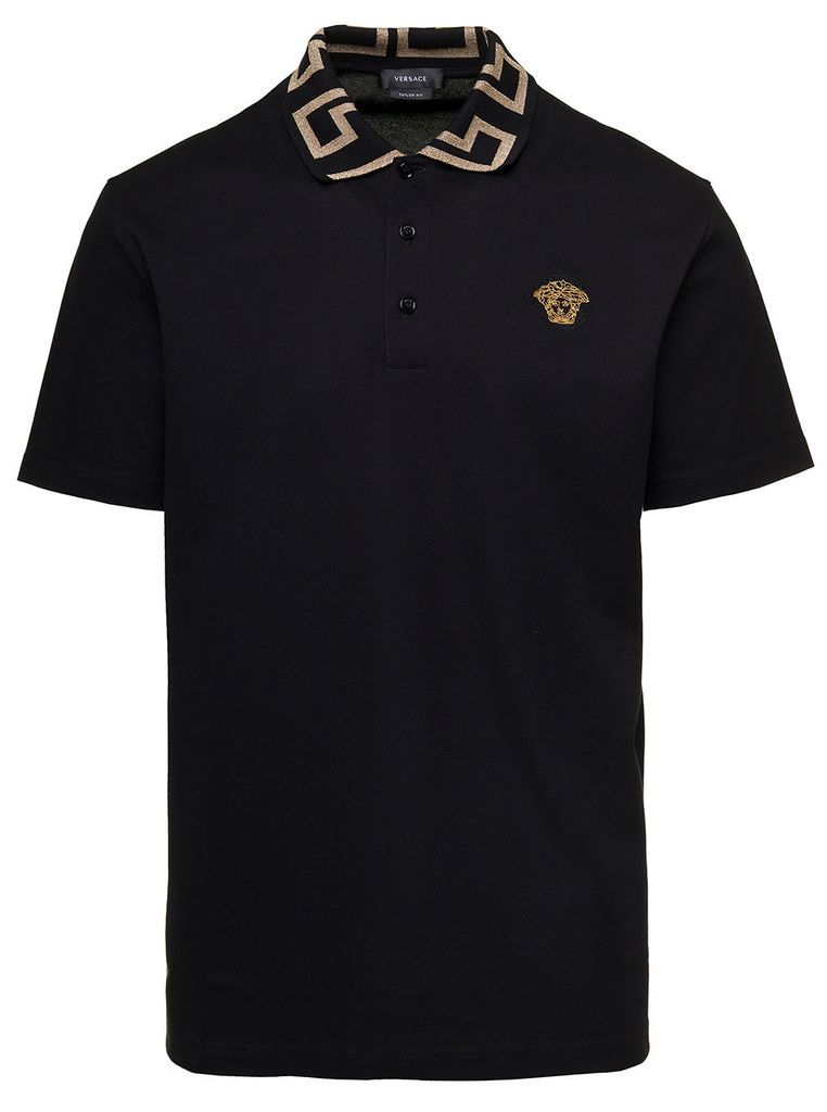 Black Polo Shirt With Embroidered Medusa Head In Cotton Man