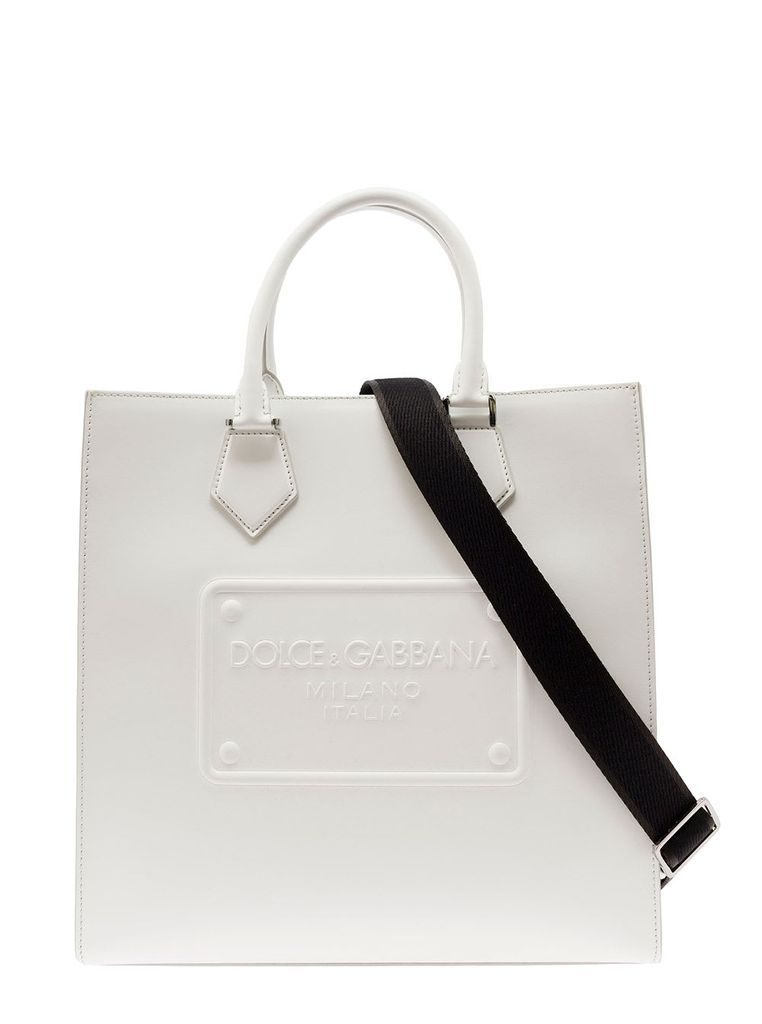 White Tote Bag With Raised Tonal Logo Tag In Leather Man