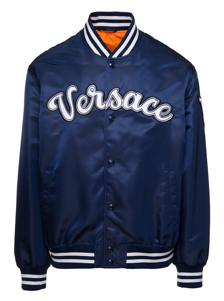 Navy Blue Logo Patch Bomber Jacket In Cotton Man