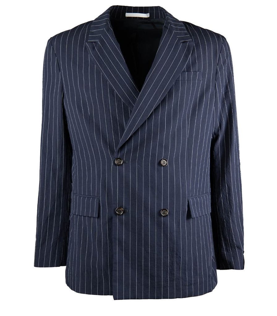 Blue White Pinstripe Double-Breasted Suit Jacket