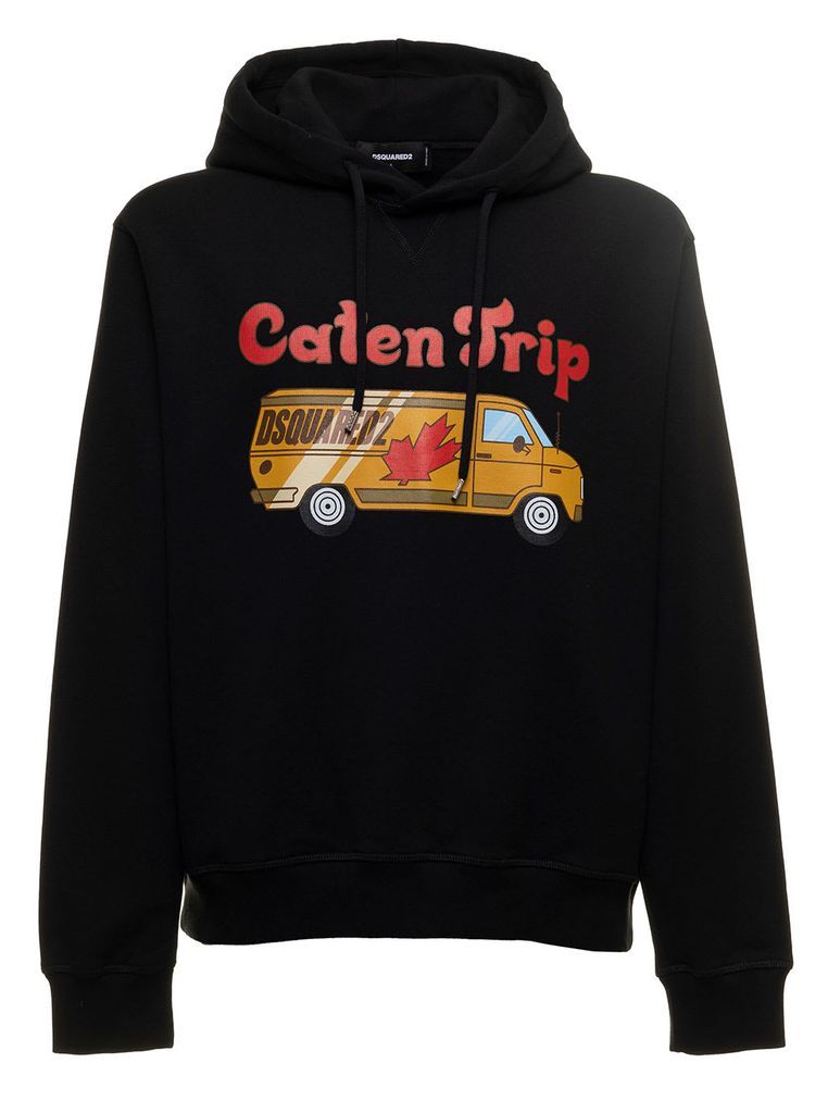 D-Squared2 Mans Black Jersey Hoodie With Caten Trip Print