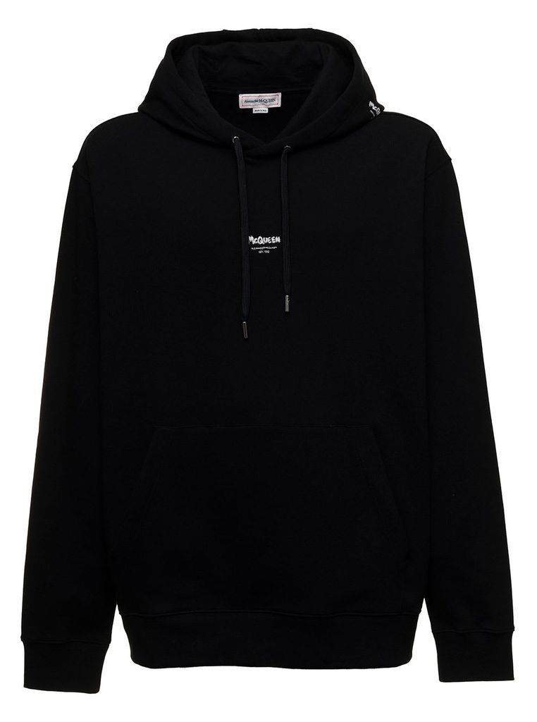 Mans Black Cotton Jersey Hoodie With Logo Print