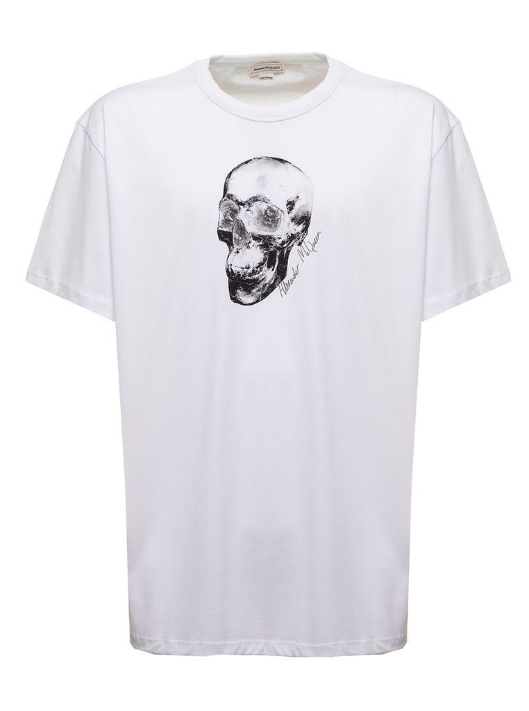Mans White Cotton T-Shirt With Skull Print
