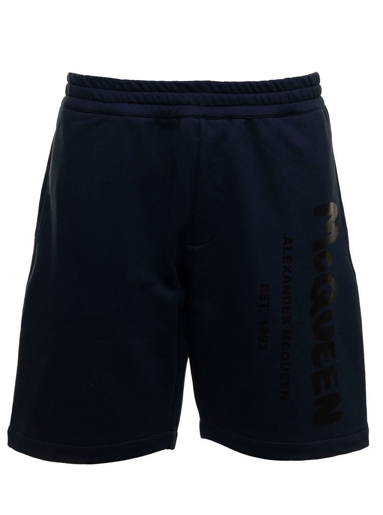 Mansm Blue Cotton Bermuda Shorts With Logo Print