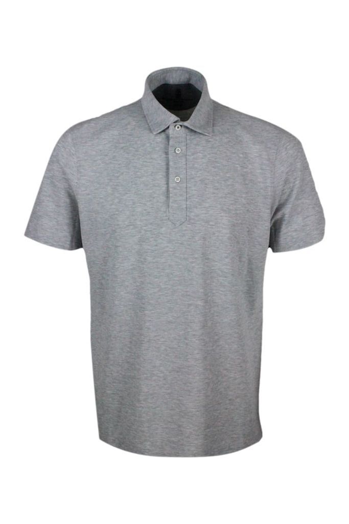 3-Button Short-Sleeved Polo Shirt With Shirt Collar In Melange Cotton Piqué