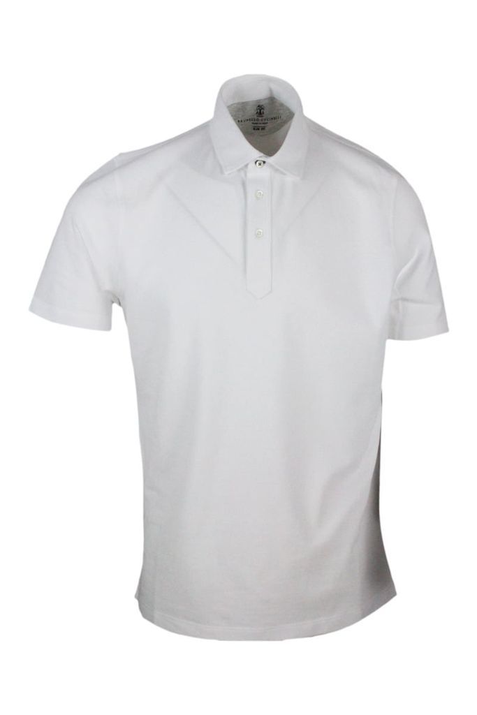 3-Button Short-Sleeved Polo Shirt With Shirt Collar In Melange Cotton Piqué