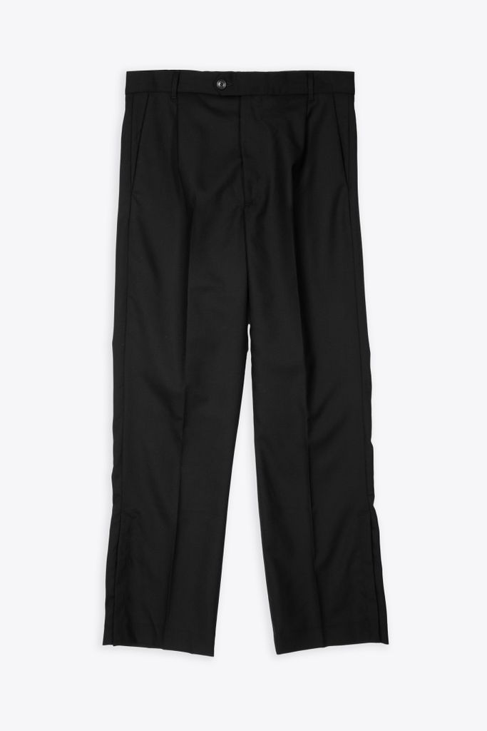 84% Wool 16% Mohair Black Wool Tailored Pant With Slits - Slit Straight Trouser