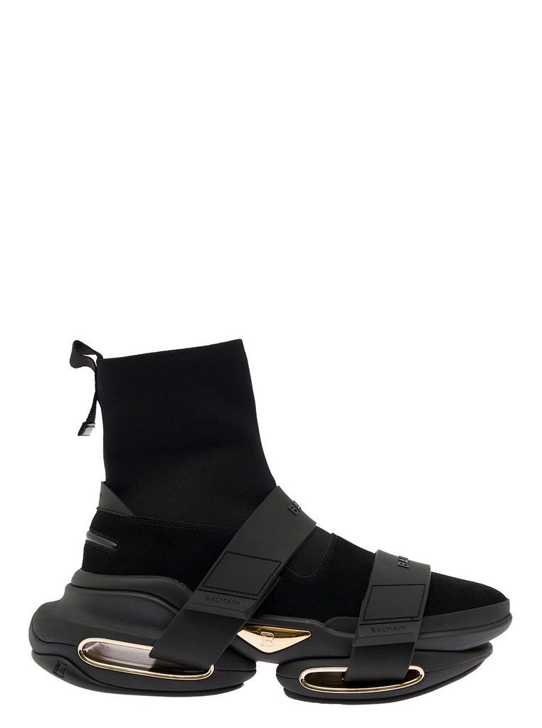 B-Bold Black Chunky High-Top Sneakers With Logo Straps In Stretch Polyester Man Balmain