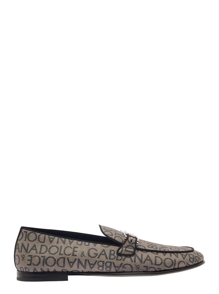 Ariosto Beige Loafers With Logo Plaque In Coated Canvas Man