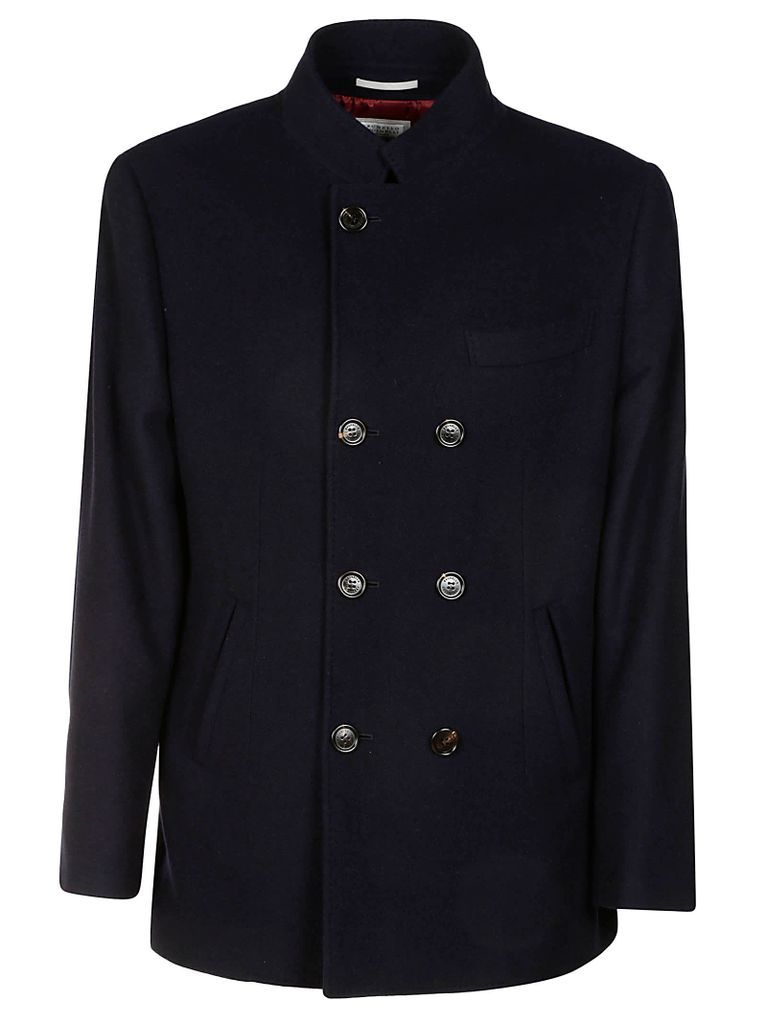 Band Collar Double-Breasted Peacoat