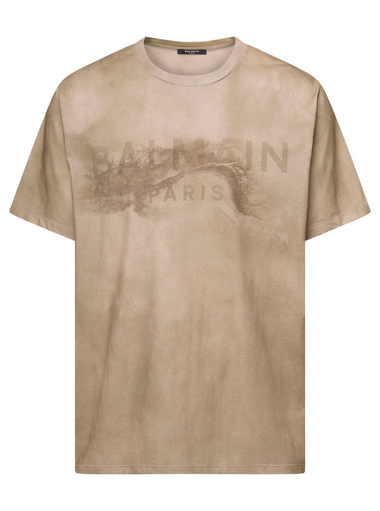 Beige Crewneck T-Shirt With Desert Logo Print In Cotton Man