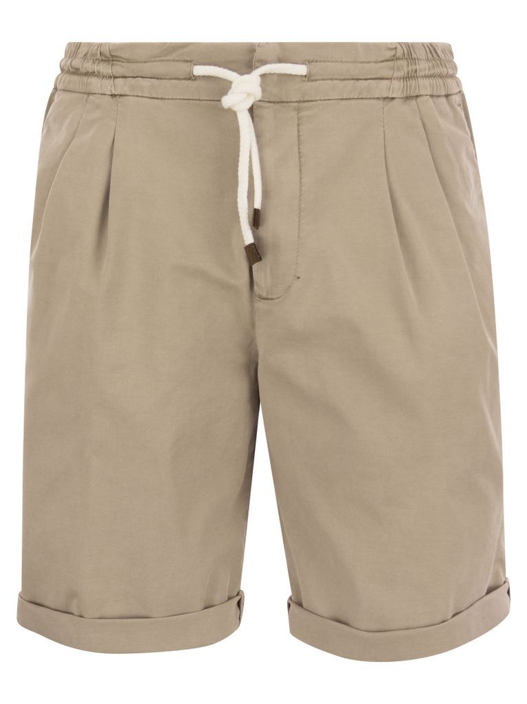 Basic Fit Cotton Gabardine Bermuda Shorts With Drawstring And Darts