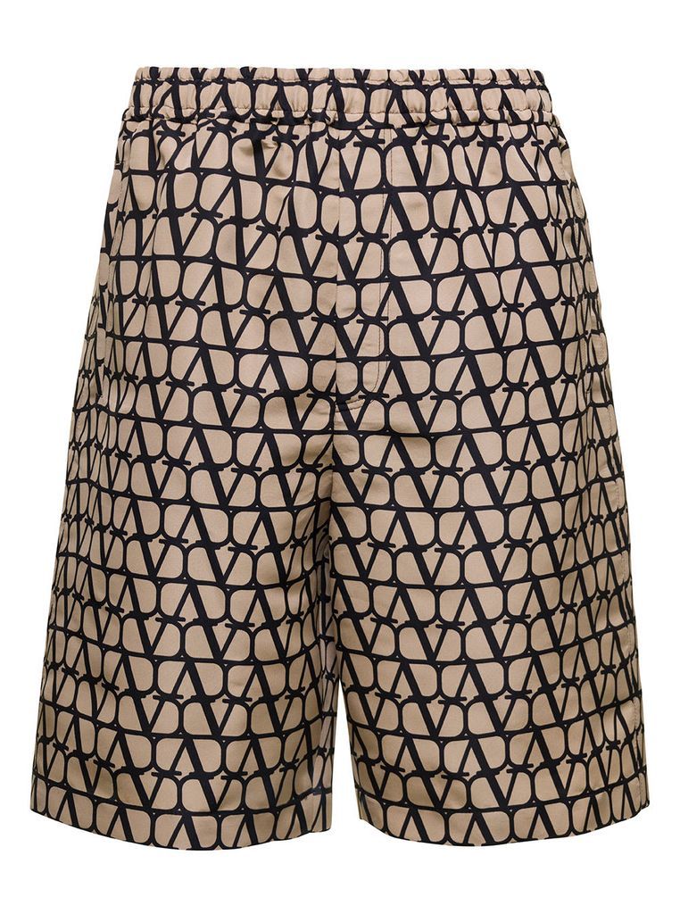 Beige Bermuda Shorts With Logo Print All-Over In Silk Man