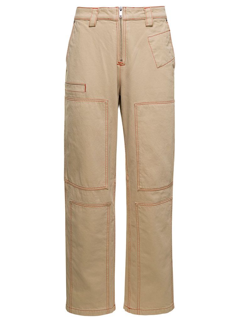 Beige Cargo Pants With Contrasting Stitching In Cotton Man