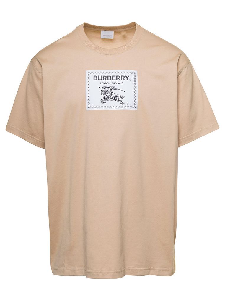 Beige Crewneck T-Shirt With Logo Patch In Cotton Man