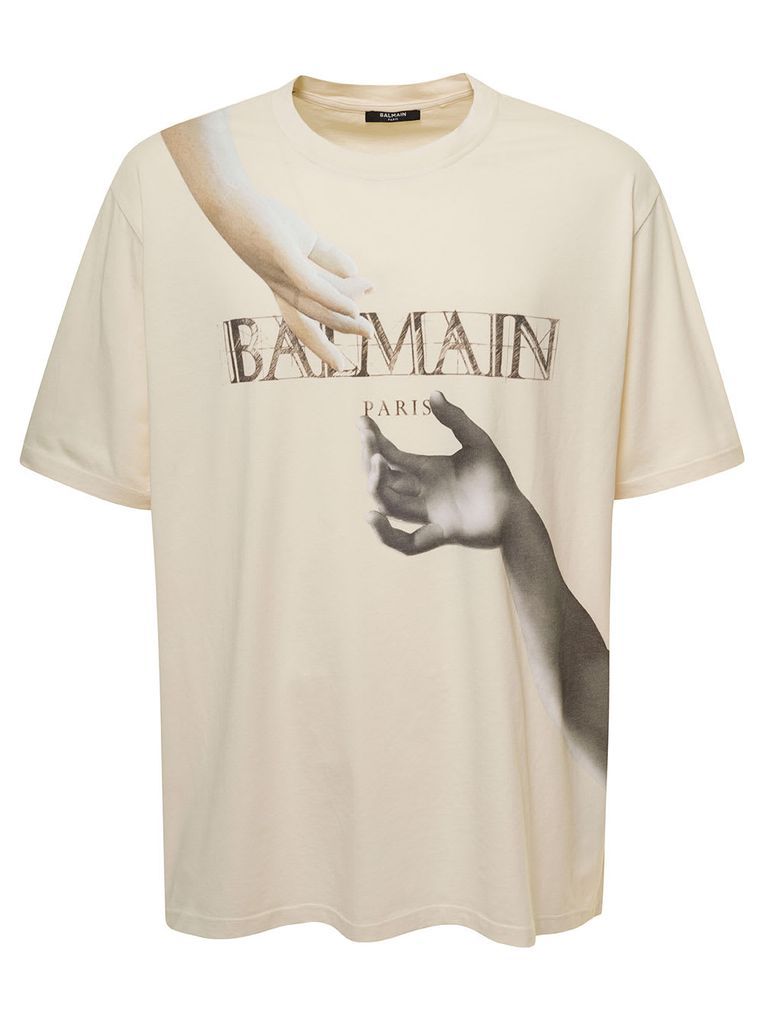 Beige Crewneck T-Shirt With Printed Logo And Statue On The Chest In Cotton Man