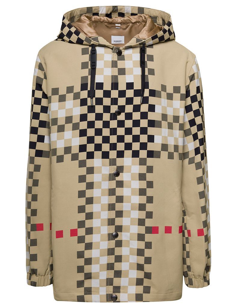 Beige Hooded Jacket With Pixel Check Motif In Polyamide Man