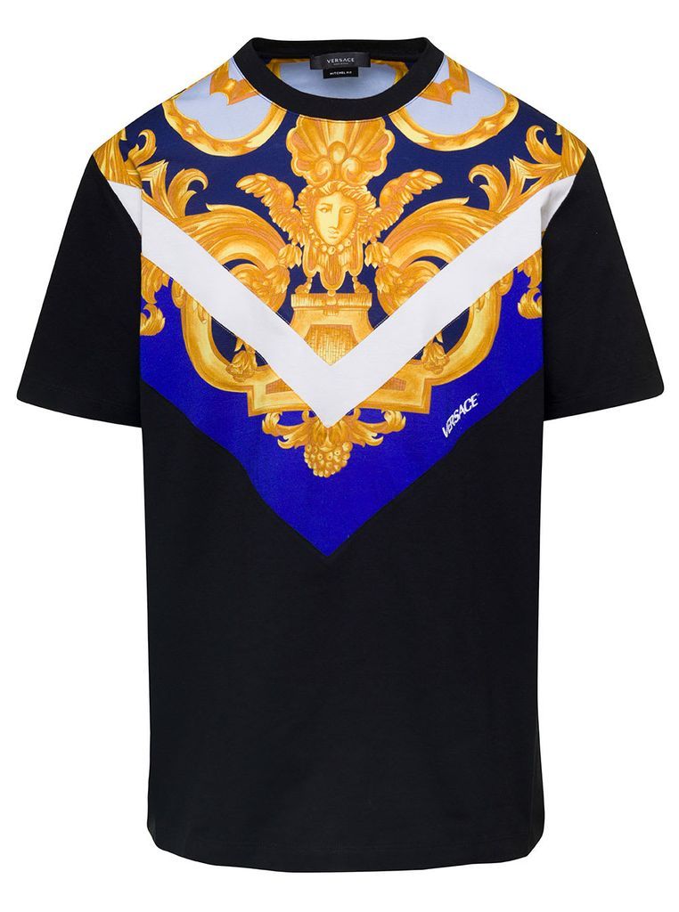 Black T-Shirt With Baroque Print On The Front And Back In Cotton Man