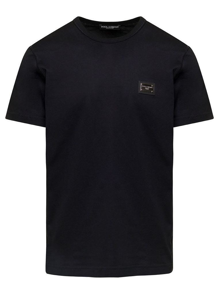 Black T-Shirt With Logo Plate On The Chest In Cotton Man