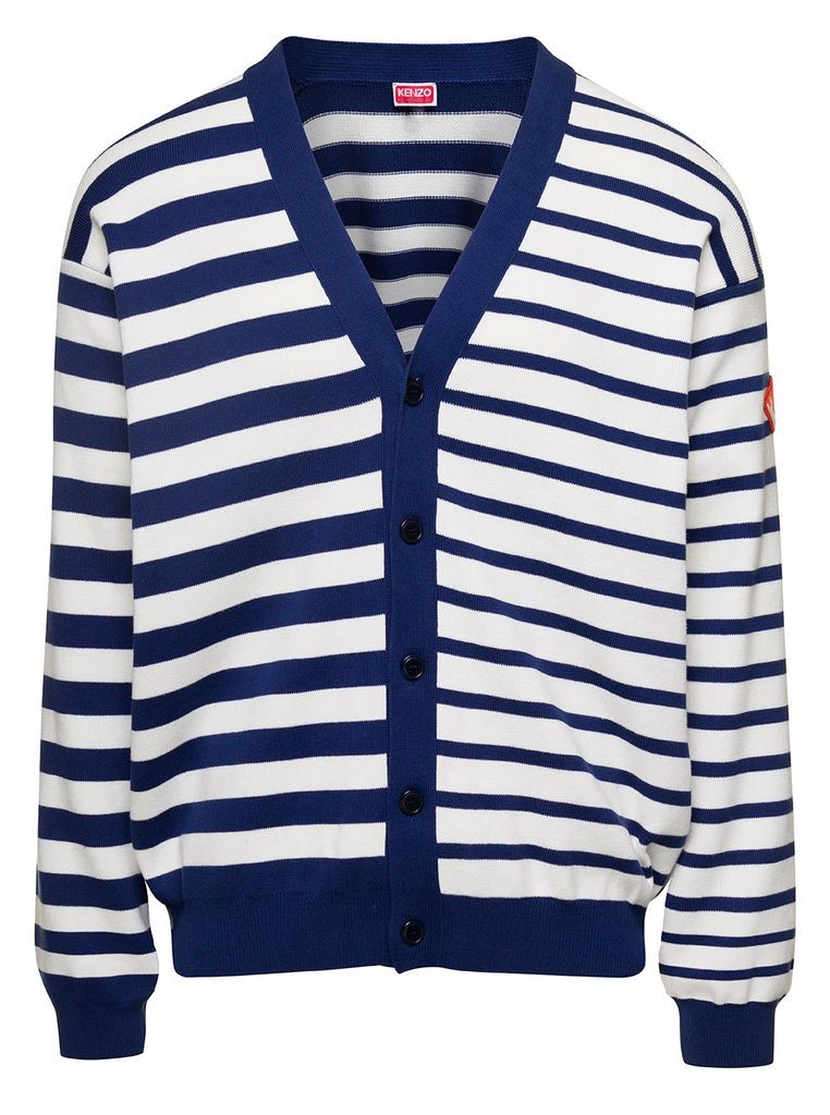 Black And Blue Nautical Striped Cardigan In Cotton Man