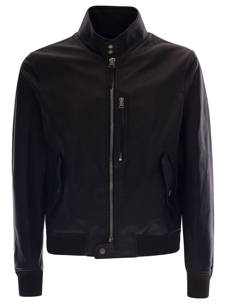 Black High Neck Jacket With Zip In Leather Man