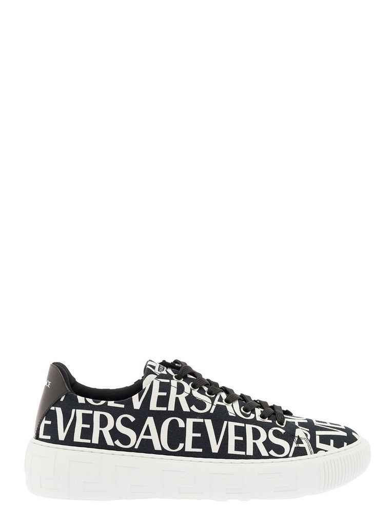 Black Low-Top Sneakers With All-Over Contrasting Logo Print In Cotton Canvas Man