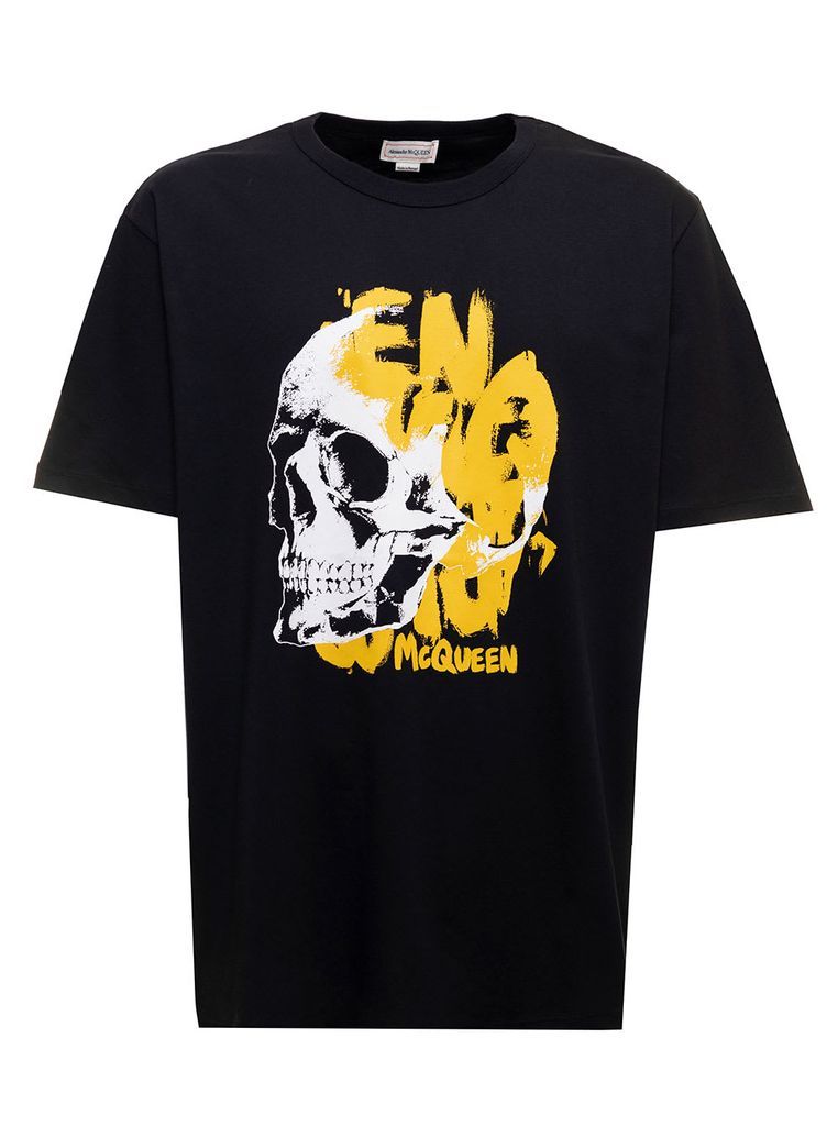 Black Cotton T-Shirt With Maxi Skull Print Man