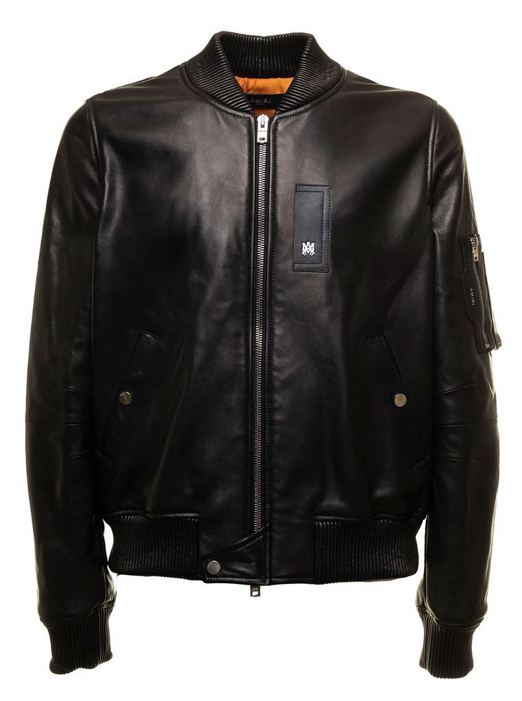 Black Aviator Bomber Jacket In Leather And Knitted Wool Amiri Man