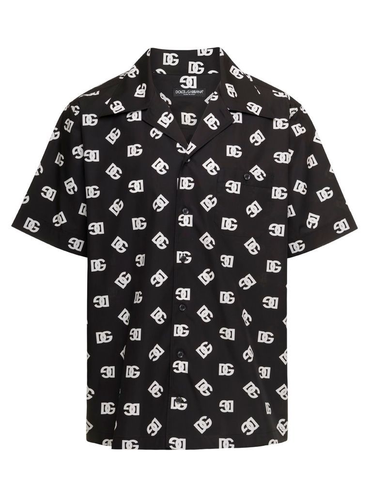 Black Hawaiian Shirt With All-Over Dg Monogram In Cotton Man Dolce & Gabbana