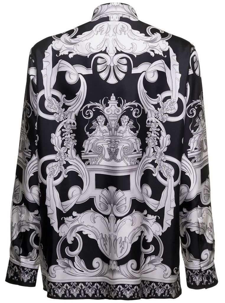 Black And Silver Long Sleeves Shirt With All-Over Barocco Print In Silk Man