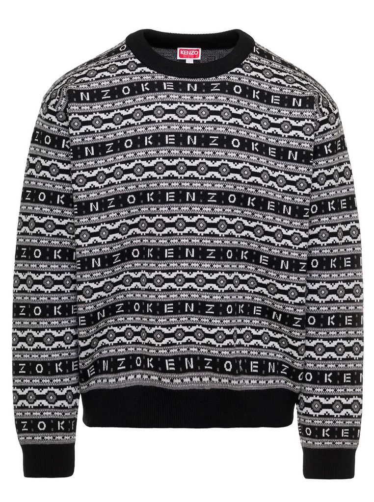 Black And Grey All-Over Logo-Jacquard Jumper In Wool Man Kenzo