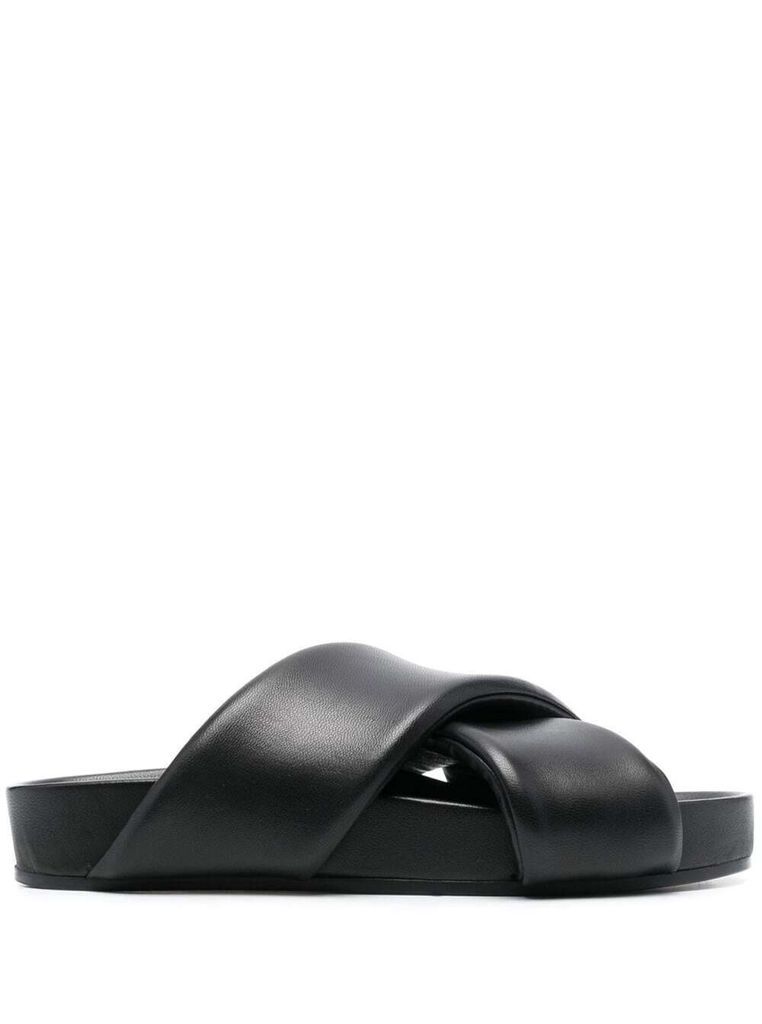 Black Crossover Strap Slide Sandals In Leather Man