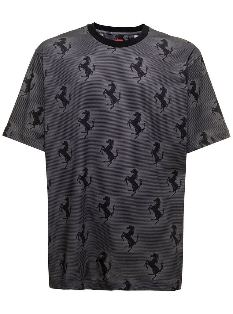 Black And Grey T-Shirt In Jersey Cotton With Allover Printed Prancing Horse And Stripes Pattern Man