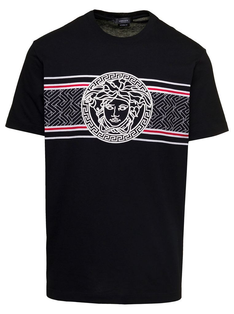 Black T-Shirt With Striped Print And Medusa Head Embroidery In Cotton Man