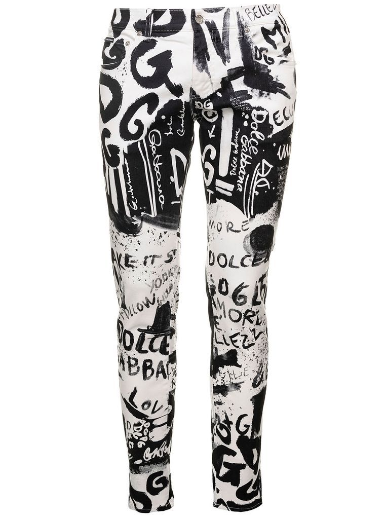 Black And White All-Over Slim Trousers In Cotton Denim Man Dolce & Gabbana
