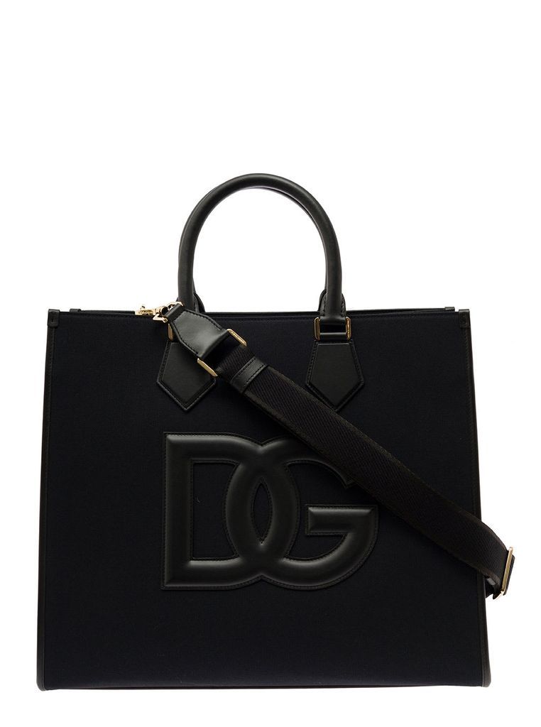Black Shopper Tote Bag With Logo In Canvas Man