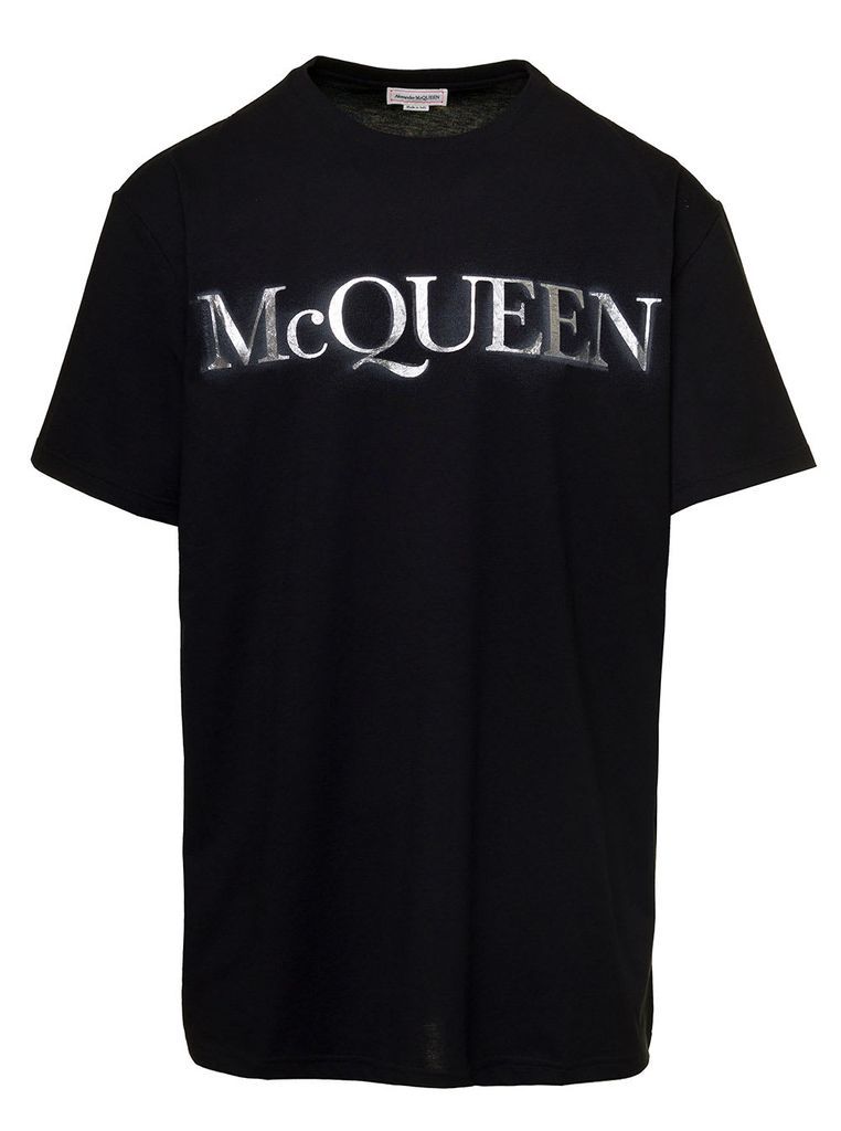 Black Crewneck T-Shirt With Metallic Logo Print In Cotton Man