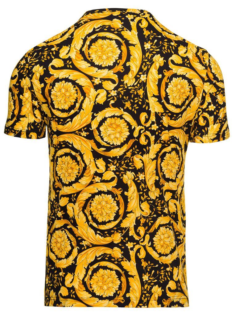 Black And Yellow Crewneck T-Shirt With All-Over Barocco Print In Stretch Cotton Man