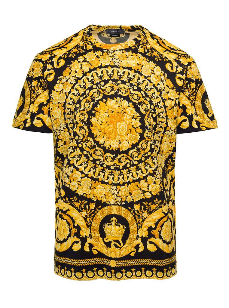 Black And Yellow Crewneck T-Shirt With All-Over Barocco Print In Cotton Man