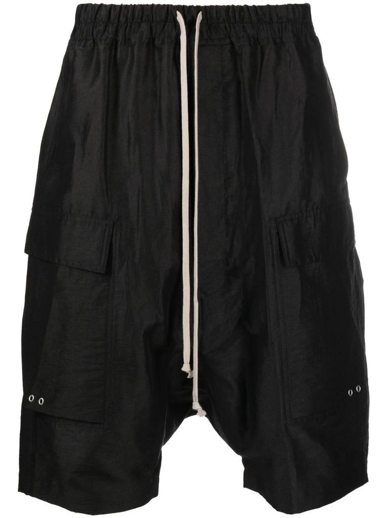 Black Linen Cargo Pods Drop-Crotch Shorts