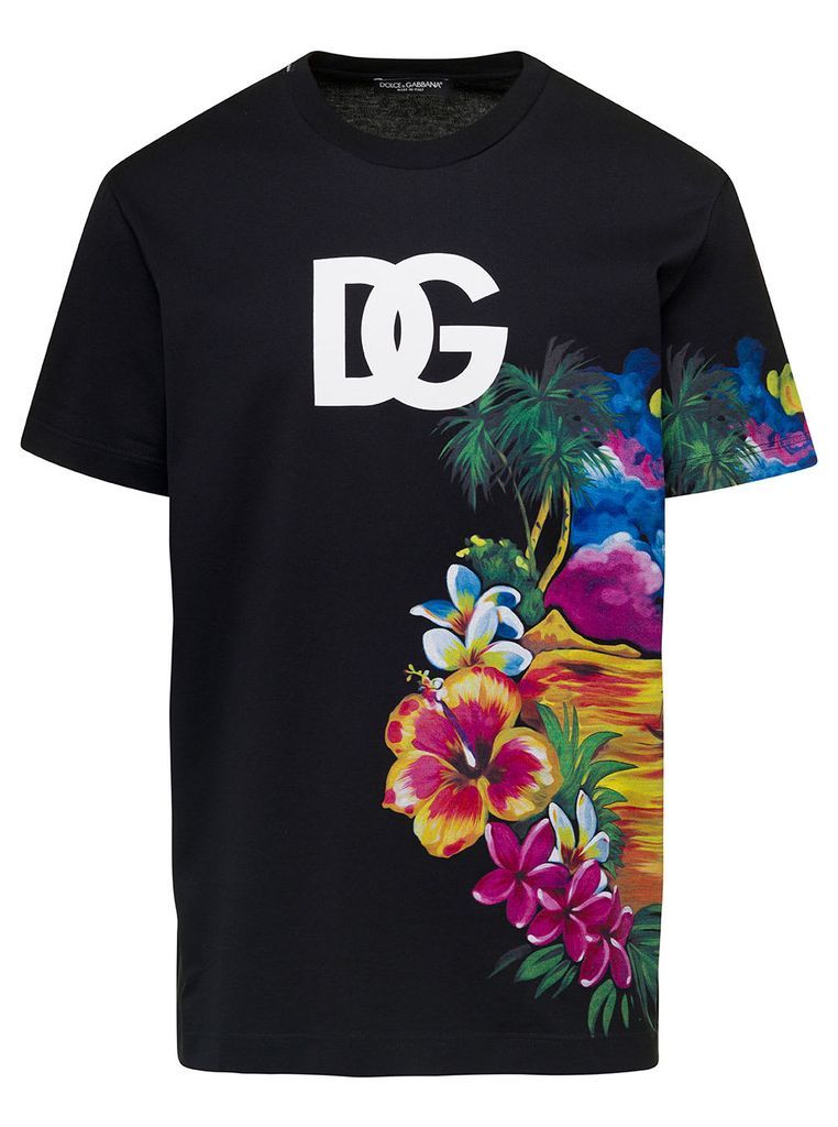 Black T-Shirt With Logo On The Chest And Floreal Print In Cotton Man