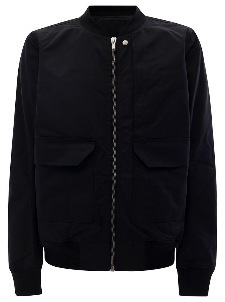 Black Bomber Jacket With Flap Pockets In Cotton Blend Man