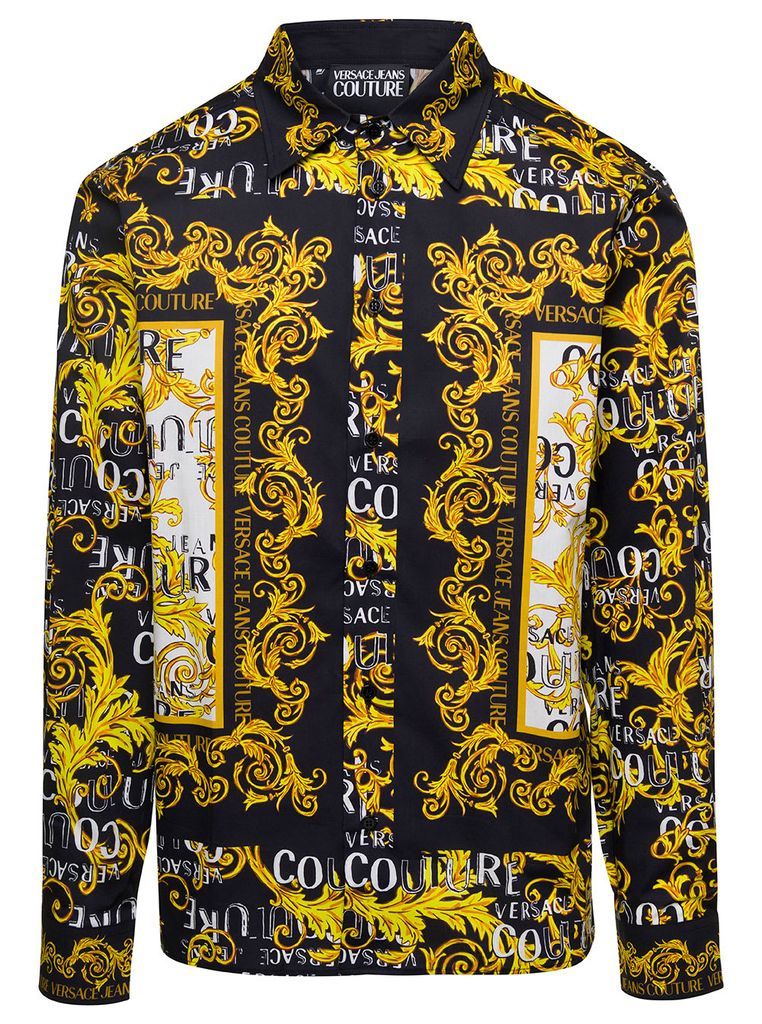 Black And Gold Shirt With Logo Couture Print All-Over In Cotton Man