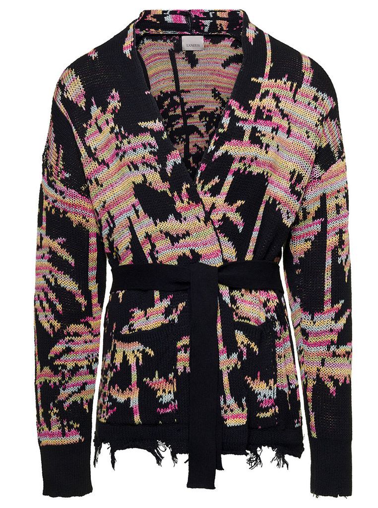 Black Belted Cardigan With Palm Jacquard Motif All-Over In Cotton Man