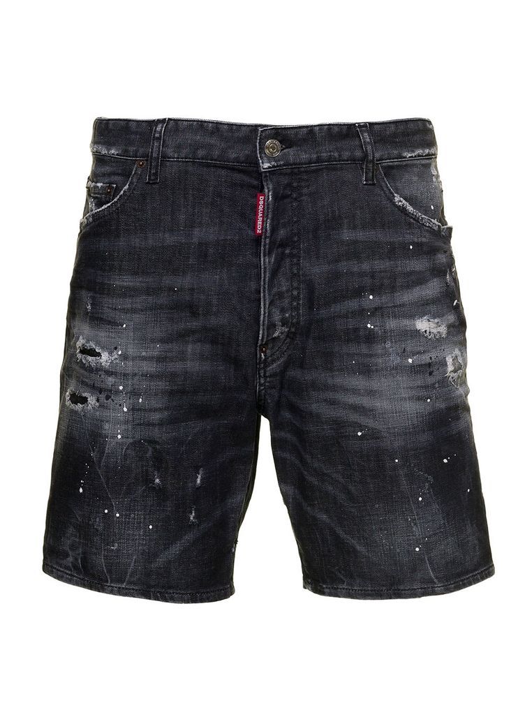 Black Bermuda Short With Used-Effect Details And Paint Stains In Cotton Denim Man D-Squared2