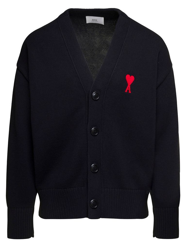Black Cardigan With Contrasting Logo Embroidery In Cotton And Wool Man