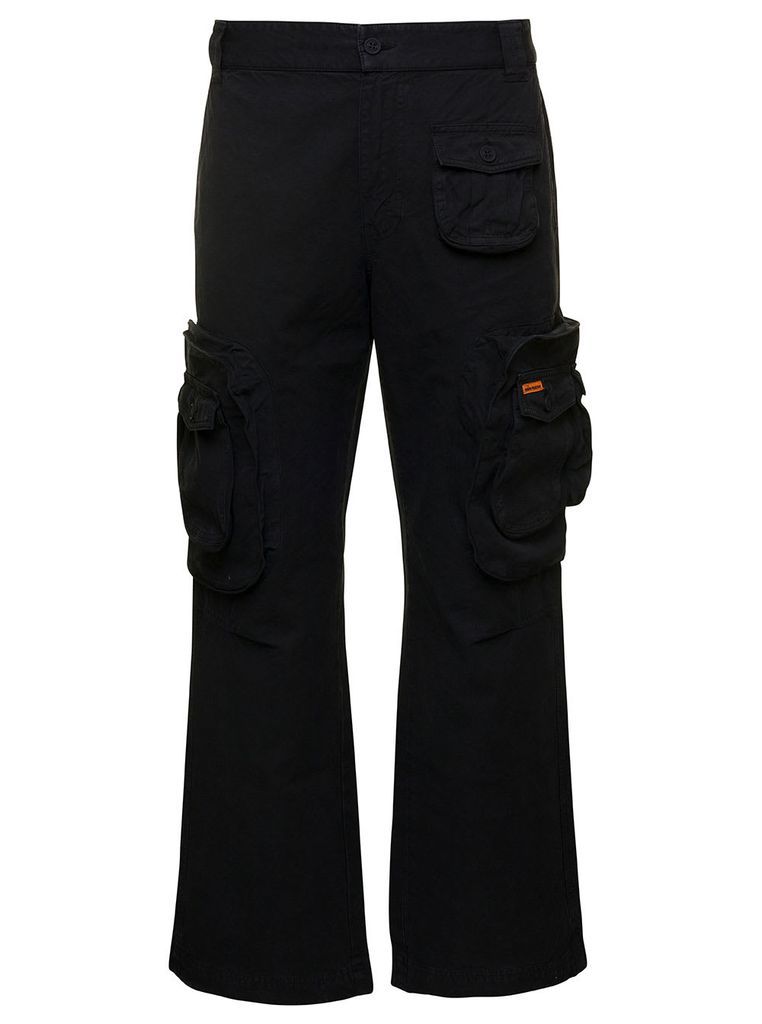 Black Cargo Pants With Logo Patch In Cotton And Linen Man