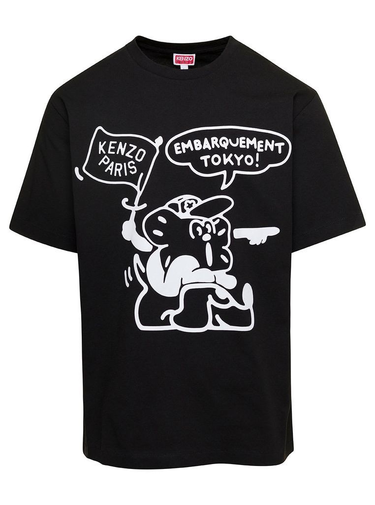 Black Crew Neck T-Shirt With Graphic Print On The Chest And On The Back In Cotton Man
