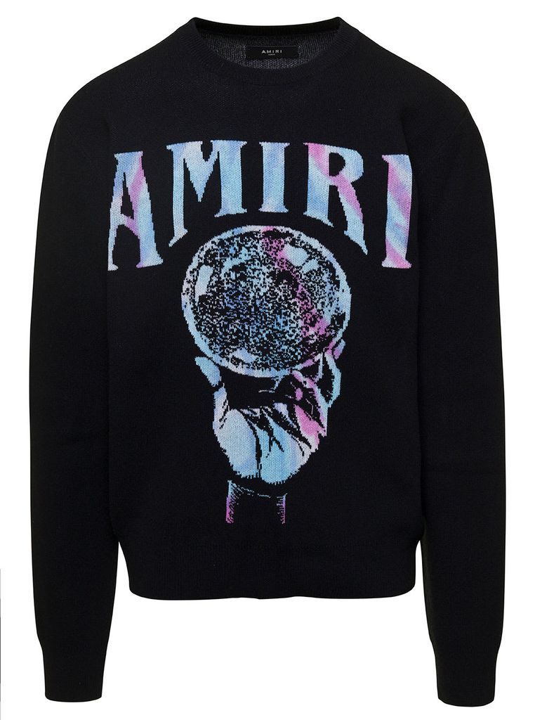 Black Crewneck Sweatshirt With Logo And Crystal Ball Print On The Front In Recycled Cashmere Man