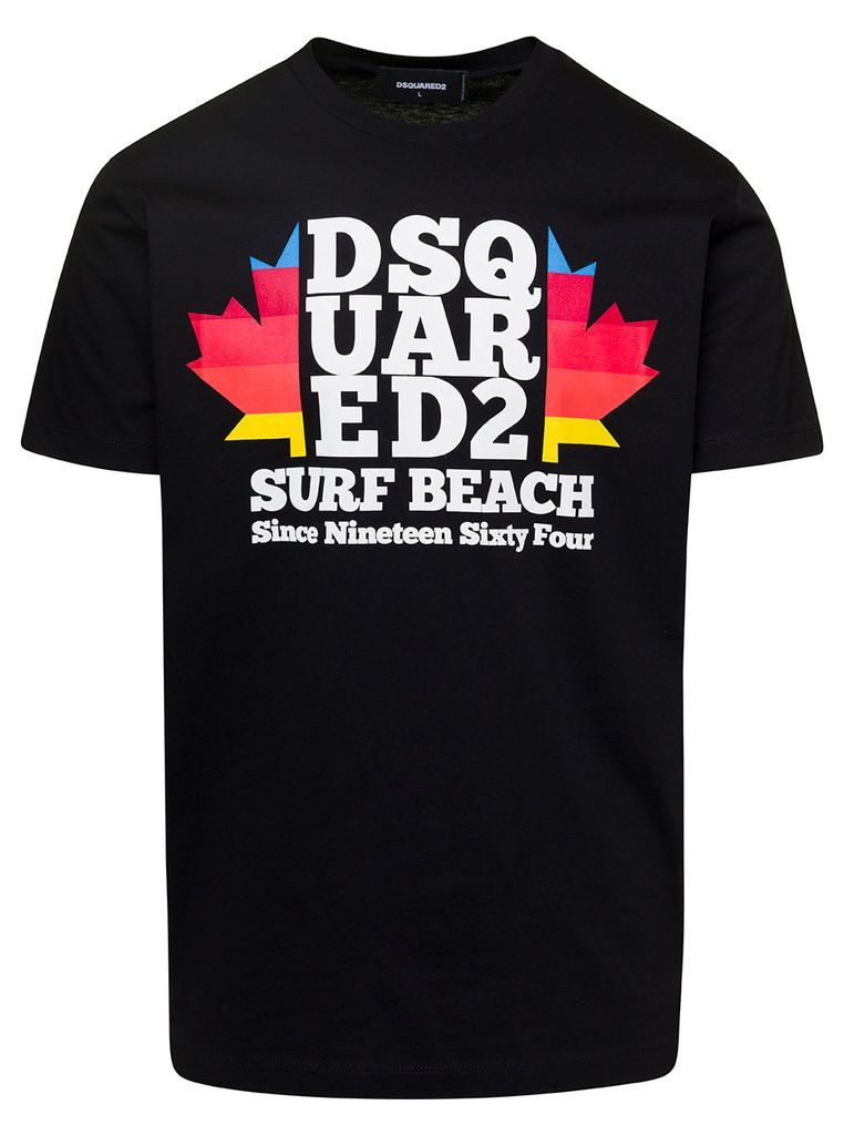 Black Crewneck T-Shirt With D2 Surf Beach Logo On The Chest In Cotton Man